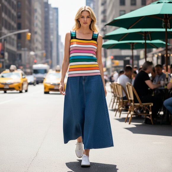 Elie Tahari Multicolor Striped Knit Tank Top | Premium Viscose Blend - Picture 2 of 16